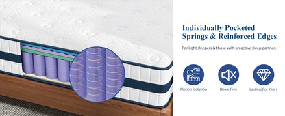 10-12'' Twin/King/Queen Size Mattress, Bed with Gel Memory Foam & Individually Pocket Coils for Pressure Relief & Support Made in USA