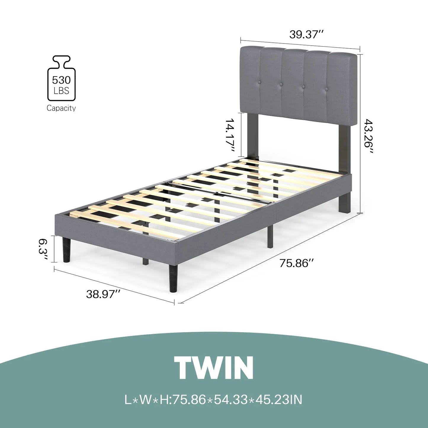 Wooden Solid Bed Frame with Fabric Upholstered 800LBS Sturdy Slats Support