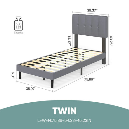 Wooden Solid Bed Frame with Fabric Upholstered 800LBS Sturdy Slats Support