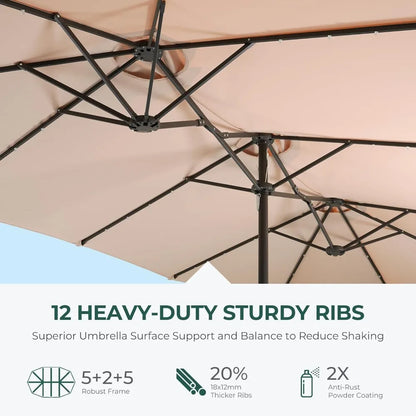 Double Sided Patio Umbrella - 13ft Solar Lights LED Lighted with Base Included