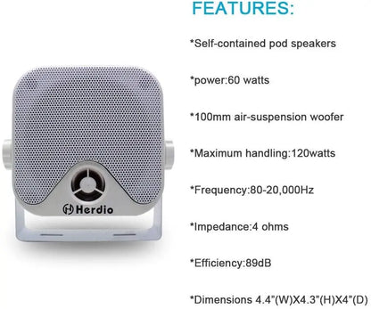 4'' 100W Heavy Duty Waterproof Boat Marine Bluetooth Speakers Surface Mounted