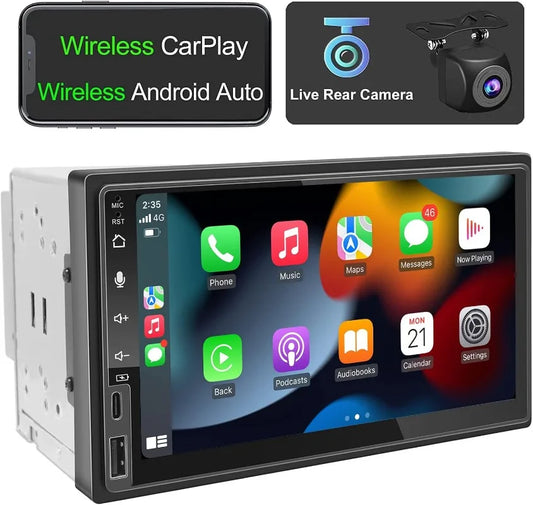 7 Inch Car Radio Wireless CarPlay Android Auto Universal Double Din Car Stereo with Live Rear-View Backup Camera