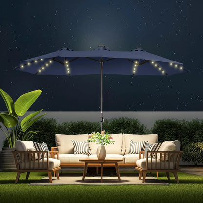 Double Sided Patio Umbrella - 13ft Solar Lights LED Lighted with Base Included