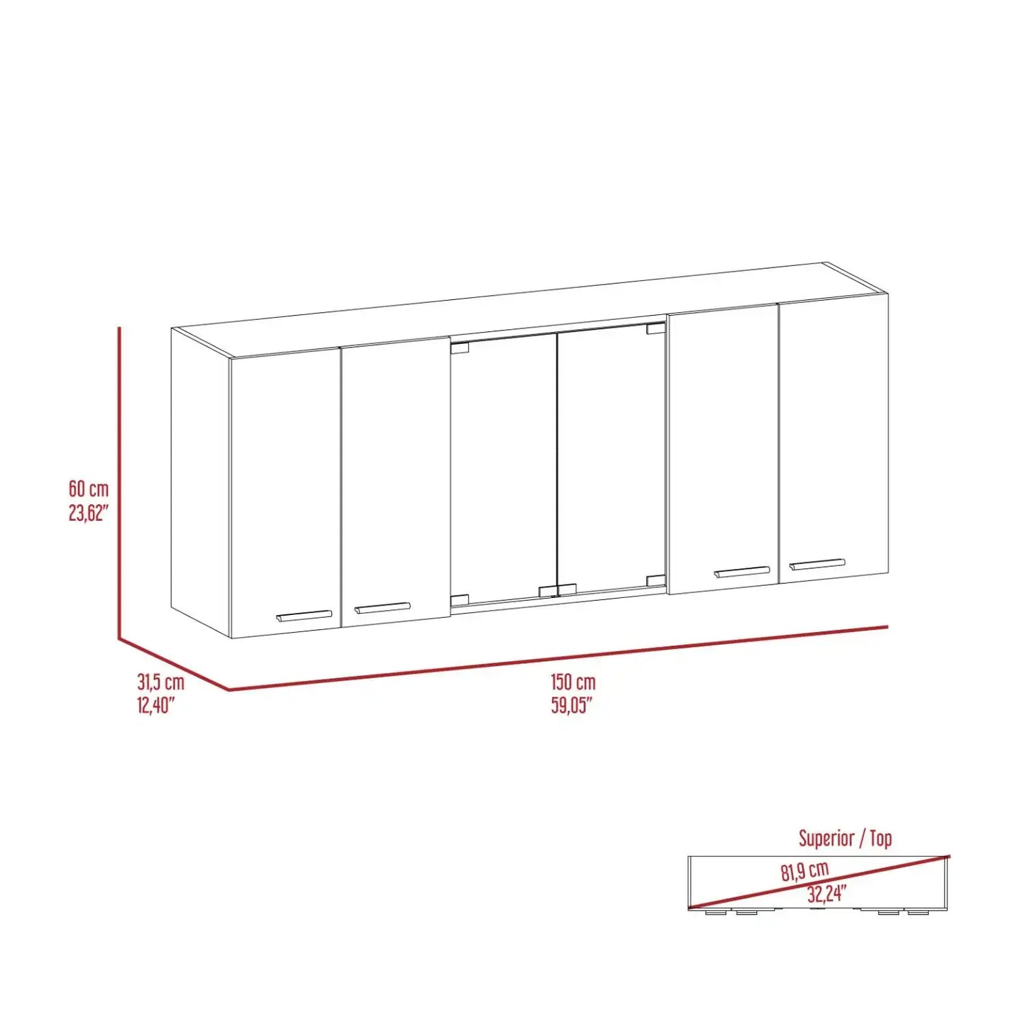 Superior 150 Wall Cabinet With Glass, Four Interior Shelves, Two Double Door Black