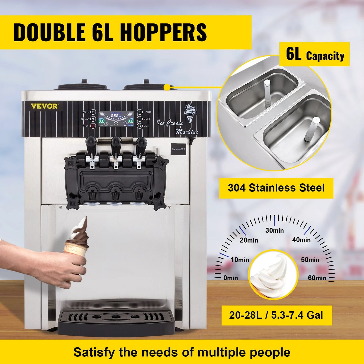 Sihao 2200W Ice Cream Machine 5.3-7.4Gal/H Soft Serve with LED Display Auto Clean 3 Flavors