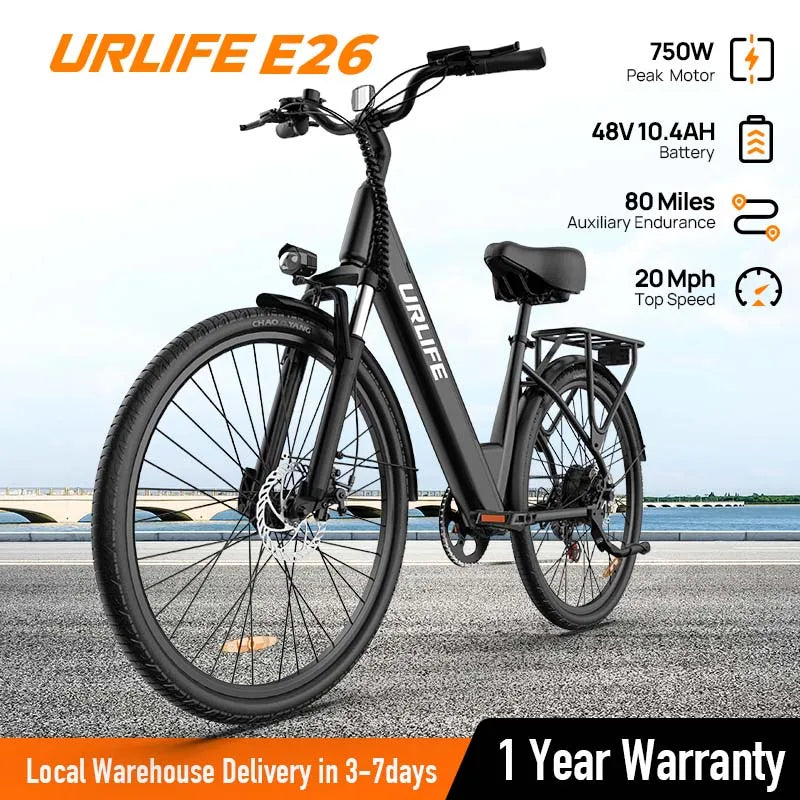 Peak 750W E26 Electric Bike for Adults | 48V 10.4Ah Removable Battery, Top Speed 20MPH, 26''X2" Standard Tire, 7-Speeds