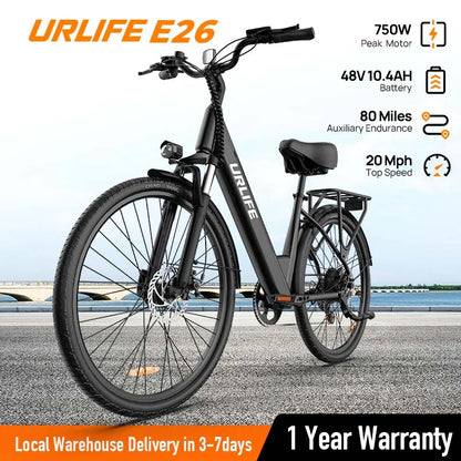 Peak 750W E26 Electric Bike for Adults | 48V 10.4Ah Removable Battery, Top Speed 20MPH, 26''X2" Standard Tire, 7-Speeds