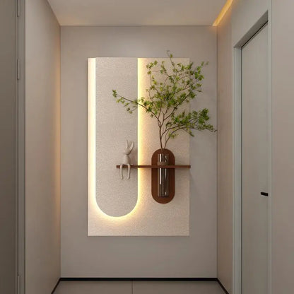 Adjustable 3-Color LED Sandstone Wall Decor with Simulated Green Plants, 3D Art Sculpture, Glass Vase & Rabbit Statue