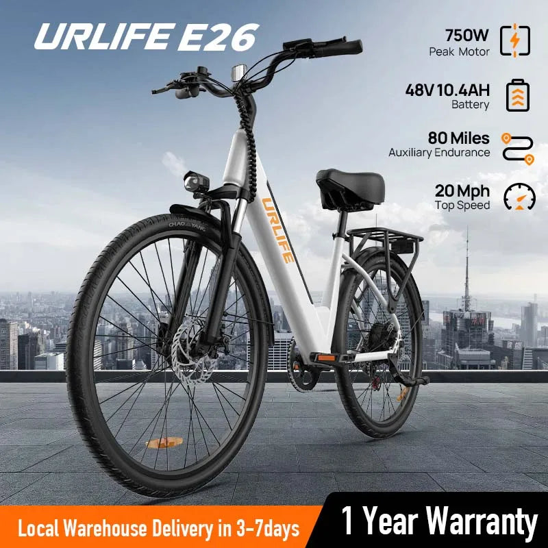 Peak 750W E26 Electric Bike for Adults | 48V 10.4Ah Removable Battery, Top Speed 20MPH, 26''X2" Standard Tire, 7-Speeds