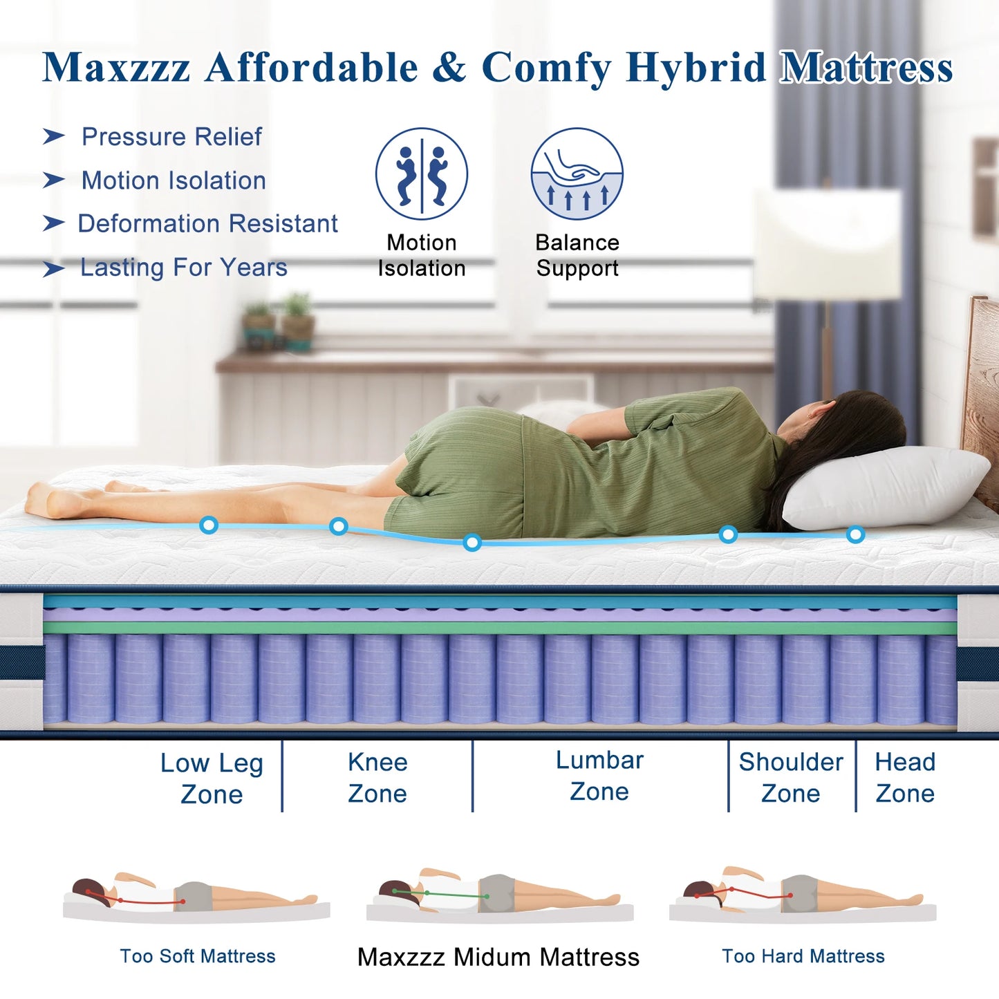 10-12'' Twin/King/Queen Size Mattress, Bed with Gel Memory Foam & Individually Pocket Coils for Pressure Relief & Support Made in USA