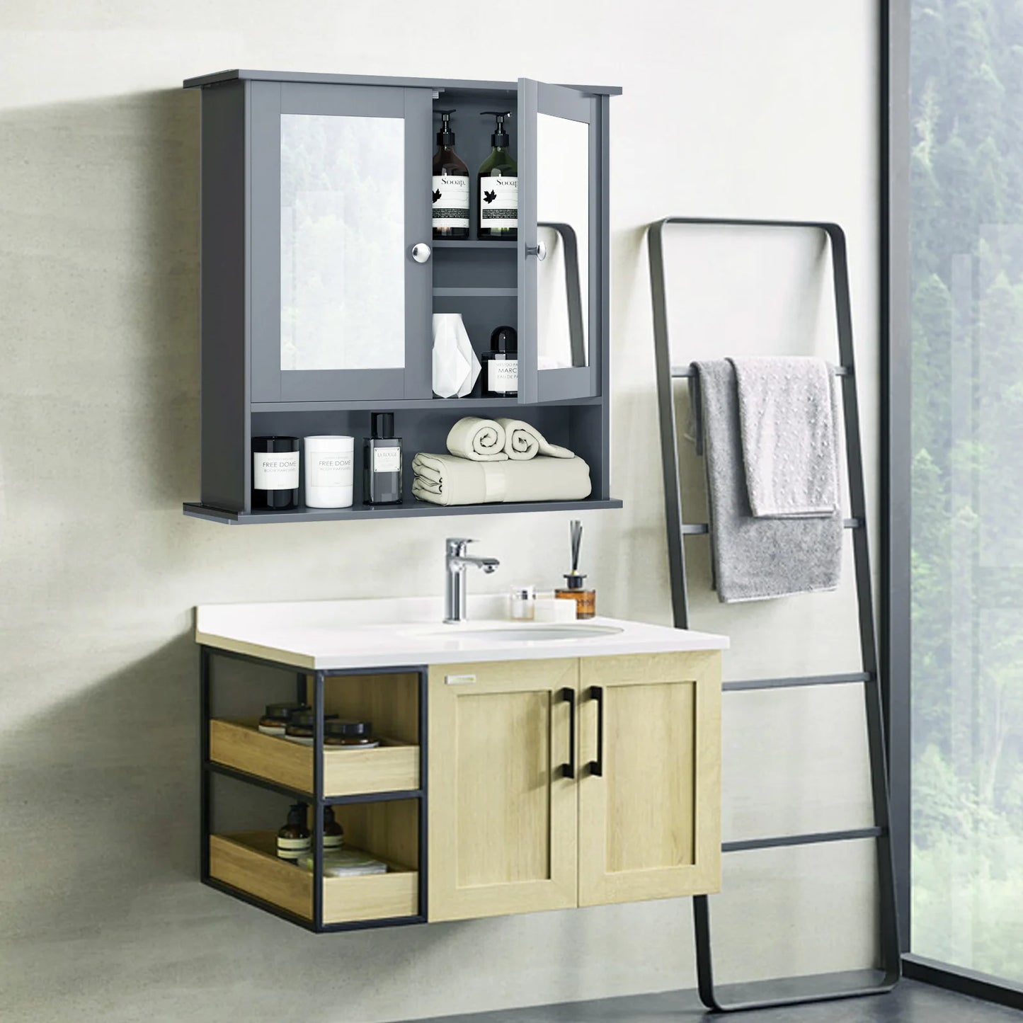 Wall Mount Mirror Cabinet Bathroom Medicine Cabinet Organizer Grey