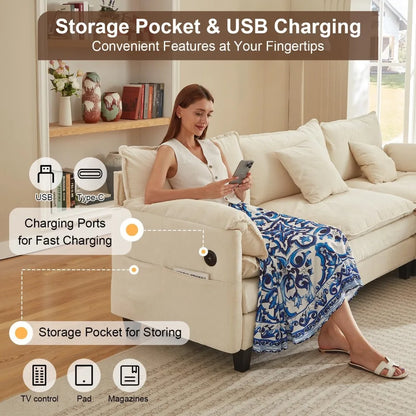 Luxury 108” Modular Sectional Sofa – Comfy Cloud Couch with Movable Ottoman, Charging Station,Side Pockets & Throw Pillows