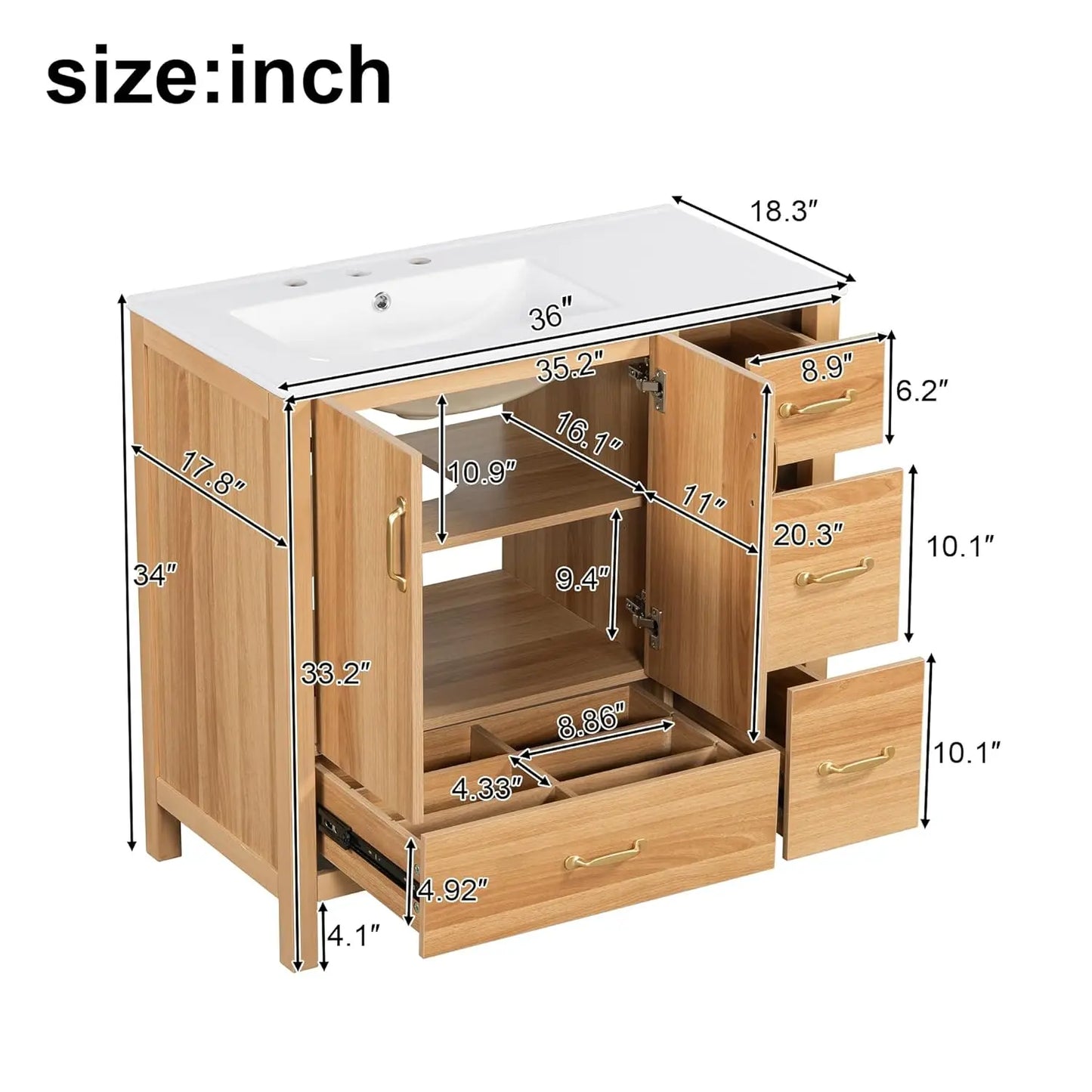 36 inch Bathroom Vanity with Sink, Wood  Storage Cabinet with 3 Drawer, 1 Bottom Divider Drawer