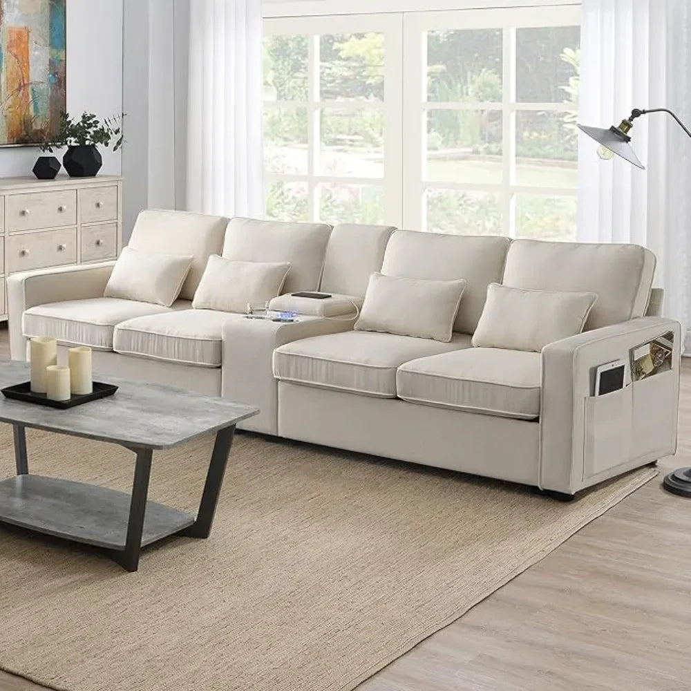 Linen Fabric Sectional Sofa with Console,114.2inch  4-Seat Couch with 4 Pillows