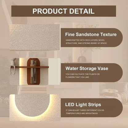 Adjustable 3-Color LED Sandstone Wall Decor with Simulated Green Plants, 3D Art Sculpture, Glass Vase & Rabbit Statue