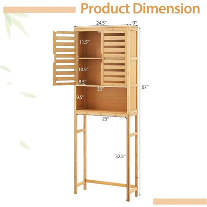Freestanding tall bamboo bathroom shelf with two doors and open storage above toilet