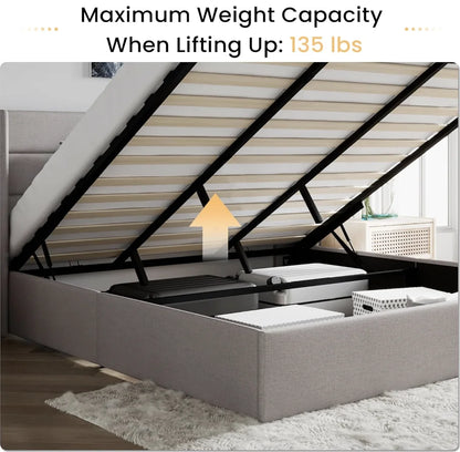 King Size Lift Up Storage Bed/Modern Wingback Headboard/Upholstered Platform Bed Frame/Hydraulic Storage/No Box Spring Needed