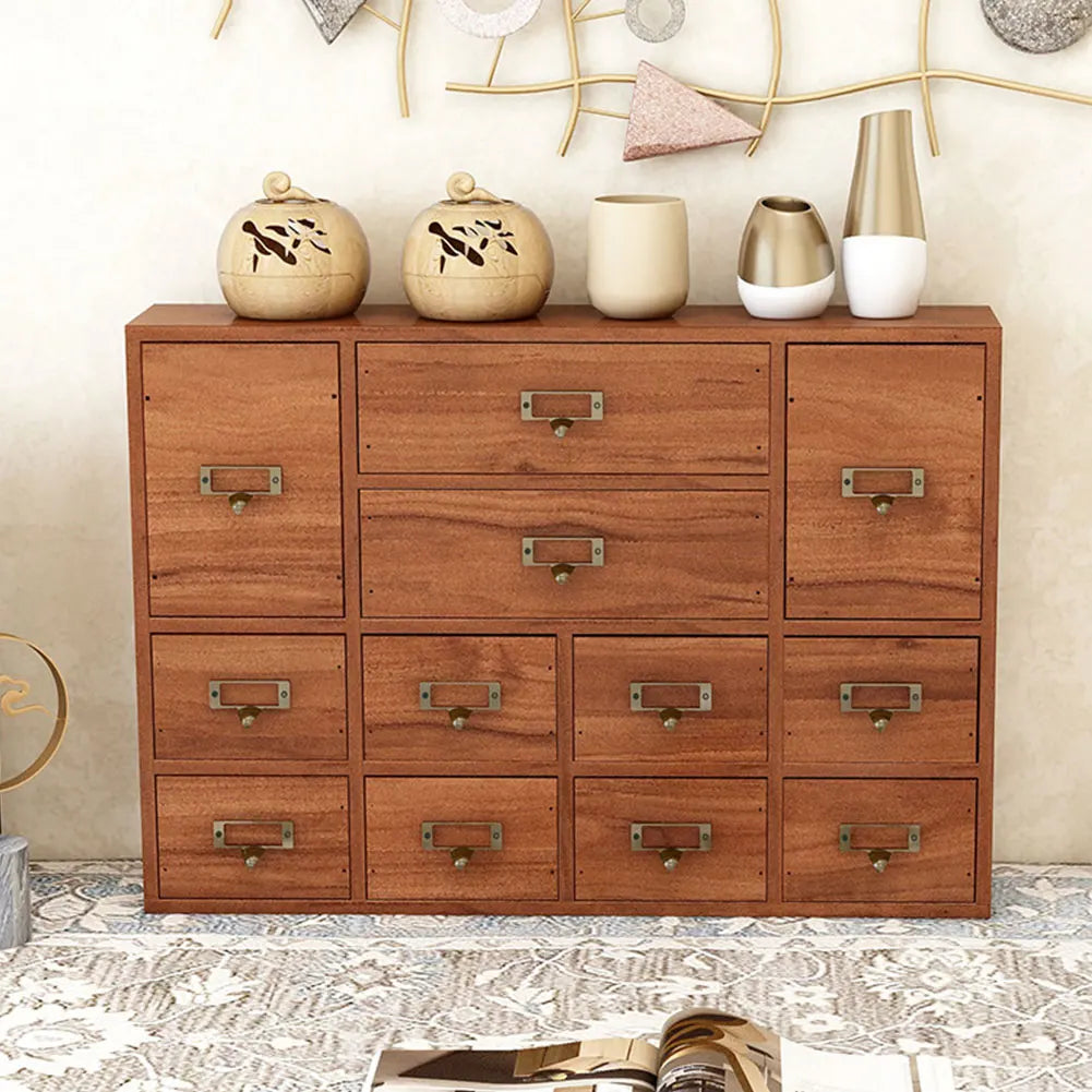 12 Drawer Wooden Apothecary Cabinet with Label Slot & Metal Handle Tabletop Storage Box Library Card Catalog Cabinet for Kitchen or Desk