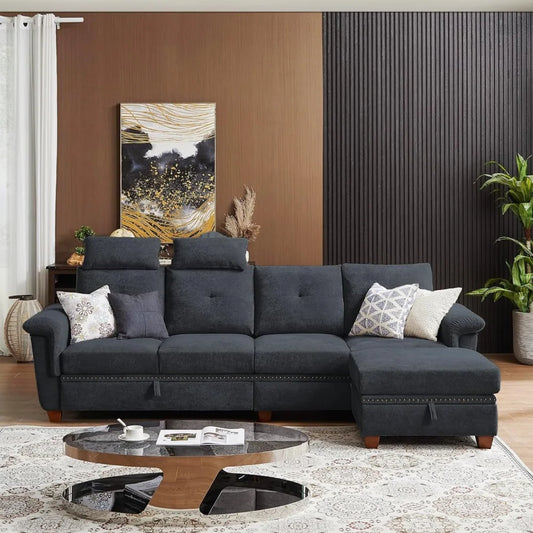 110" Sectional Sofa, Convertible L Shaped Sofa with Ottoman and Large Storage, 4 Seat Sectional with Cup Holder