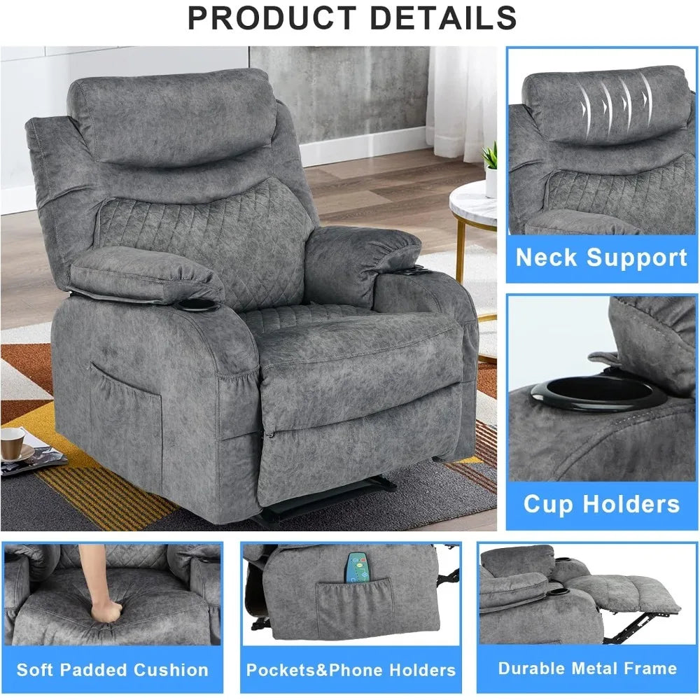 Overstuffed Massage Recliner Chair with Heat Fabric Massaging Manual Recliner with Cup Holders