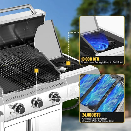 3-Burner Propane Gas Grill with Side Burner, 34,000 BTU Stainless Steel Outdoor BBQ for Camping & Parties