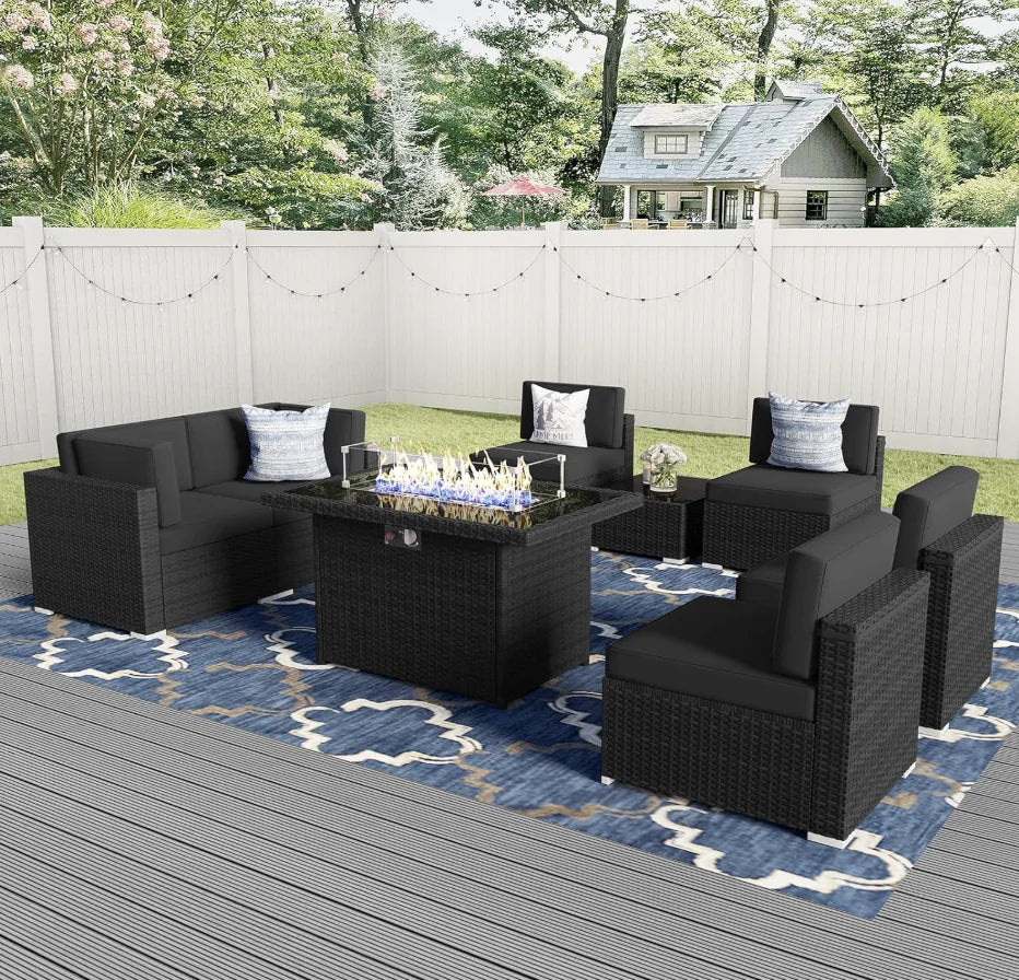 8 Pieces Patio Furniture Set with 44" Propane Gas Fire Pit Table, Outdoor Sectional Wicker Conversation Sofa Sets with Table