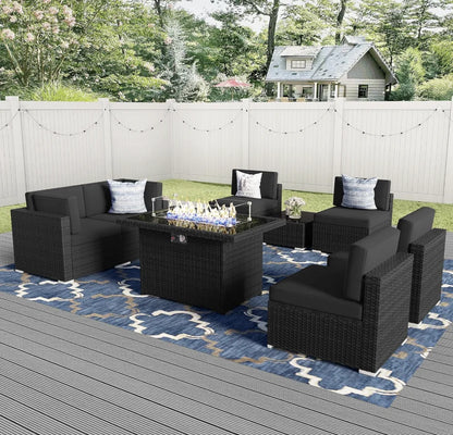 8 Pieces Patio Furniture Set with 44" Propane Gas Fire Pit Table, Outdoor Sectional Wicker Conversation Sofa Sets with Table