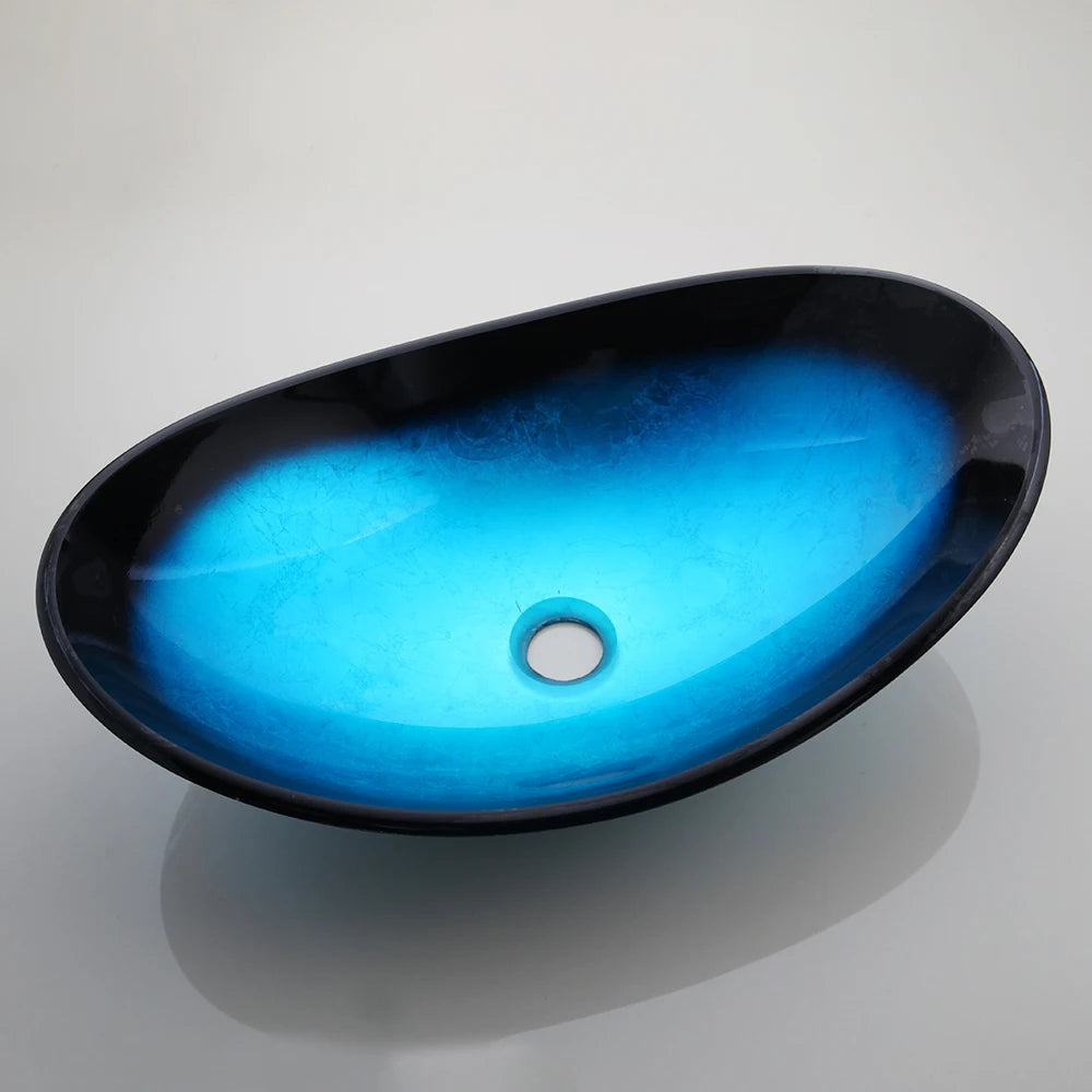 Tempered Glass Washbasin with Black Waterfall Faucet Bathroom Countertop Basin Sinks