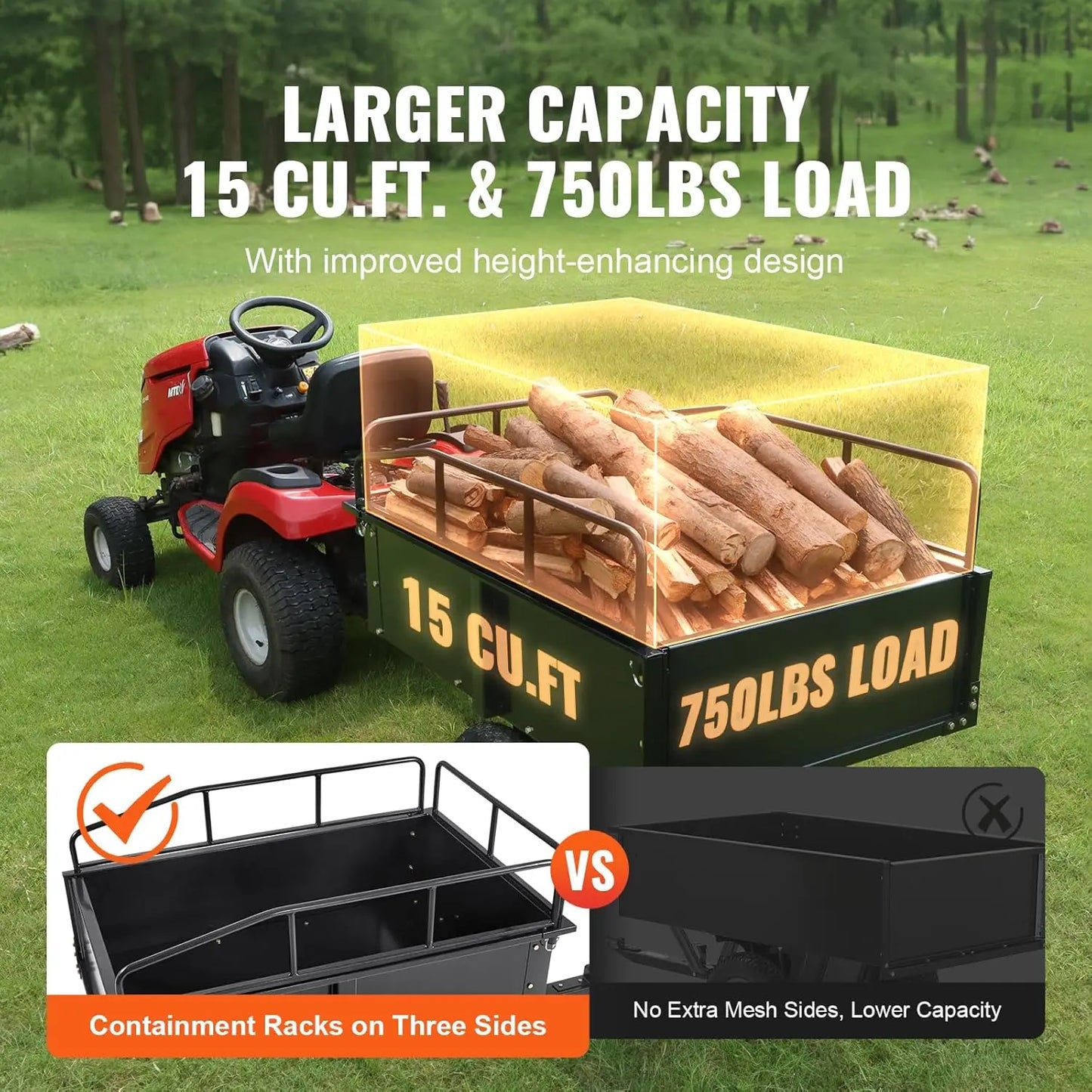 Heavy Duty ATV Dump Cart 750 lbs, 15 Cubic Feet Utility with Removable Sides