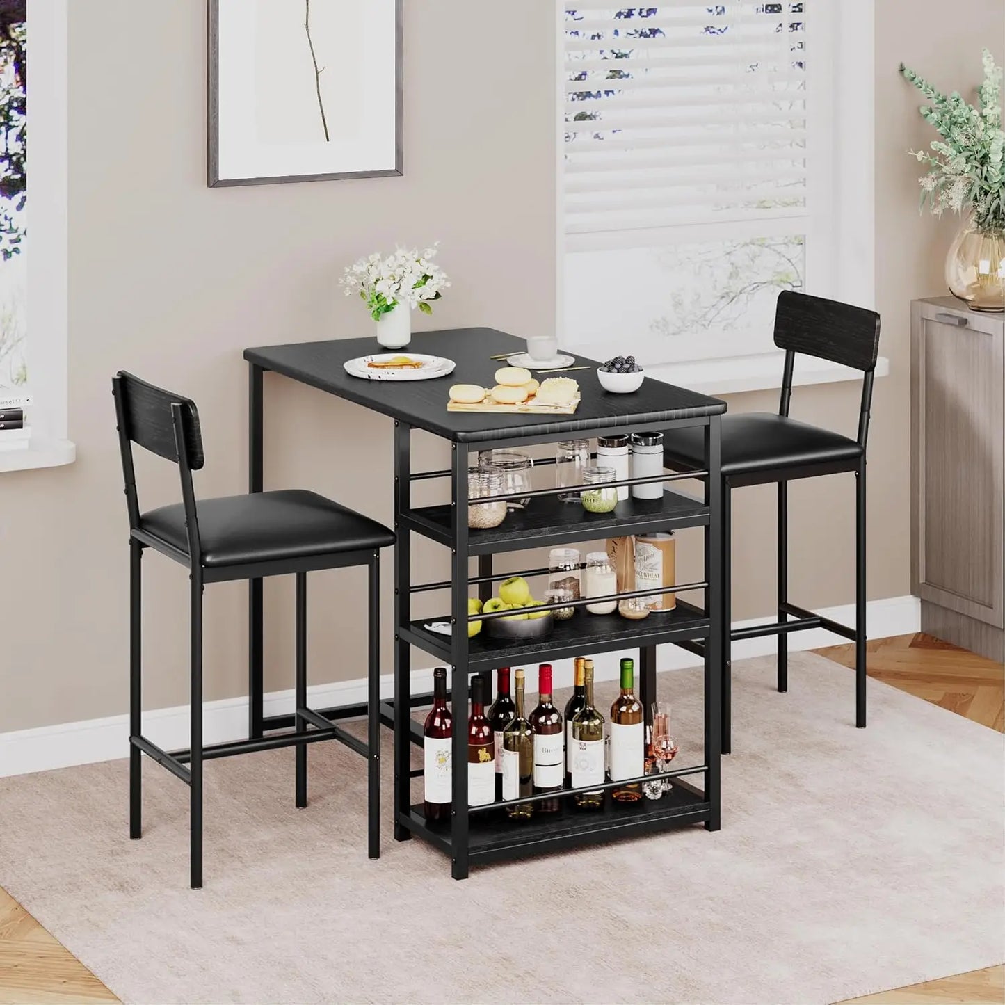3-Piece Bar Table and Chairs Set with 3 Tier Storage Shelves,  with PU Cushion Bar Chairs