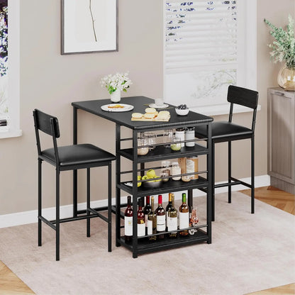 3-Piece Bar Table and Chairs Set with 3 Tier Storage Shelves,  with PU Cushion Bar Chairs