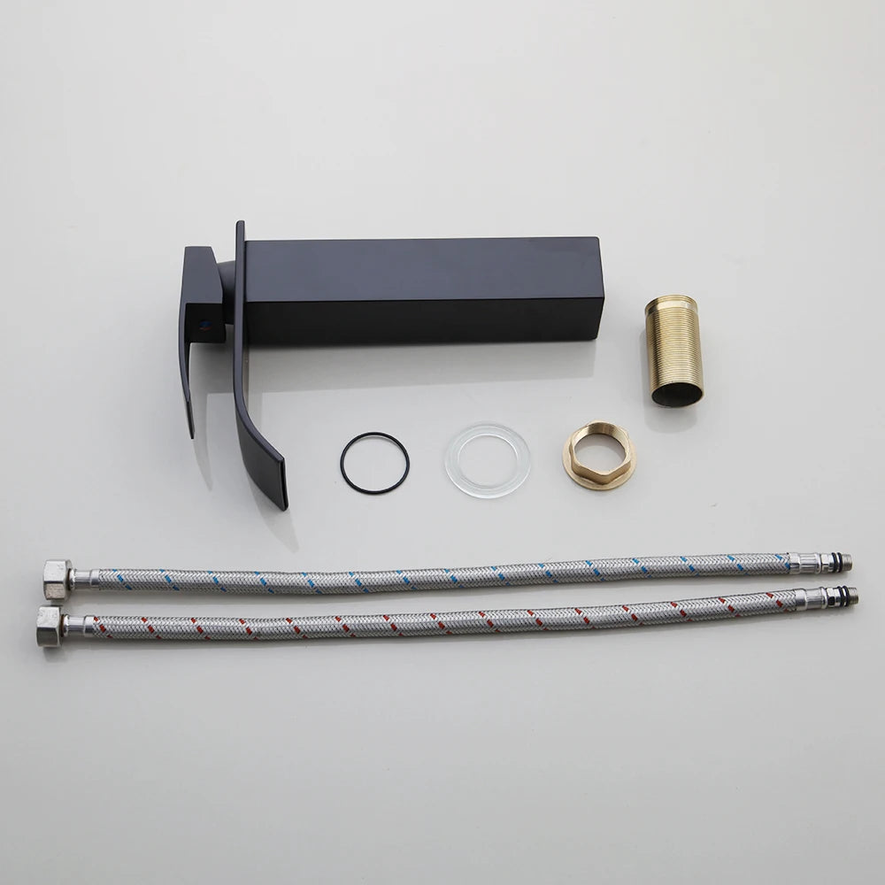 Tempered Glass Washbasin with Black Waterfall Faucet Bathroom Countertop Basin Sinks