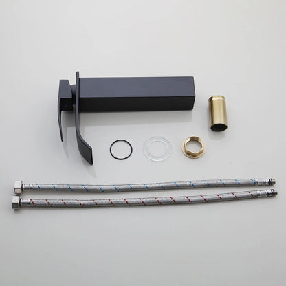 Tempered Glass Washbasin with Black Waterfall Faucet Bathroom Countertop Basin Sinks