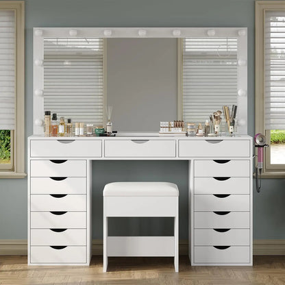 Vanity Desk with Mirror and Lights, with Charging Station, 15 Drawers