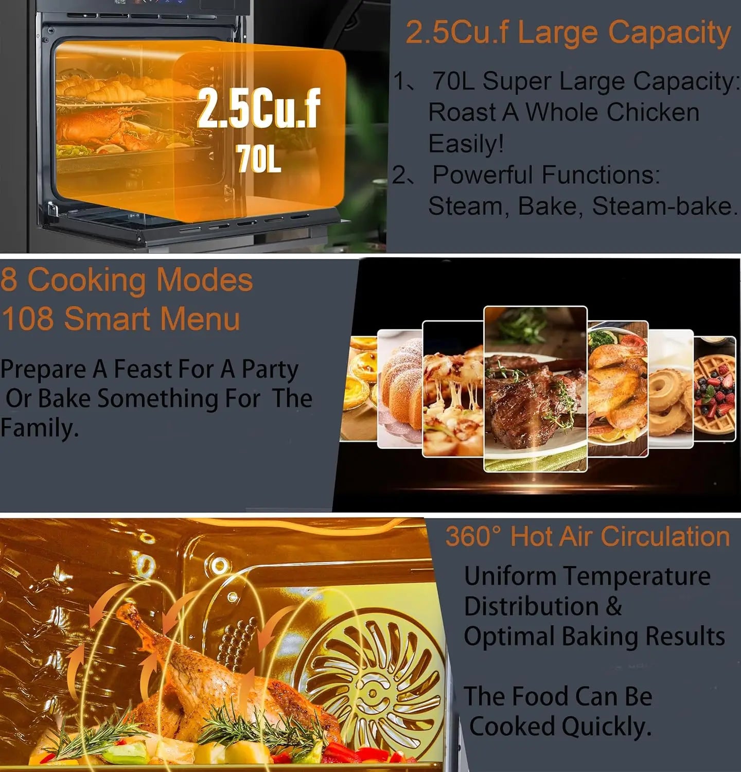 24" Built-in Electric Ovens with 70L Capacity 3000W Single Wall Oven with View Window 8 Cooking Functions 240V