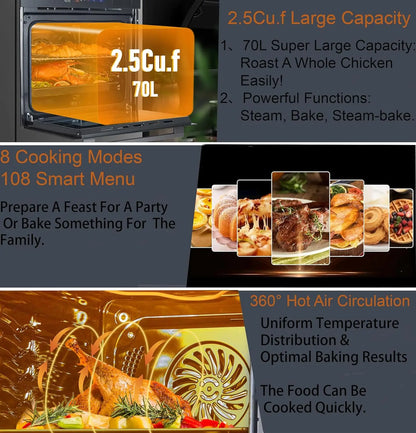 24" Built-in Electric Ovens with 70L Capacity 3000W Single Wall Oven with View Window 8 Cooking Functions 240V