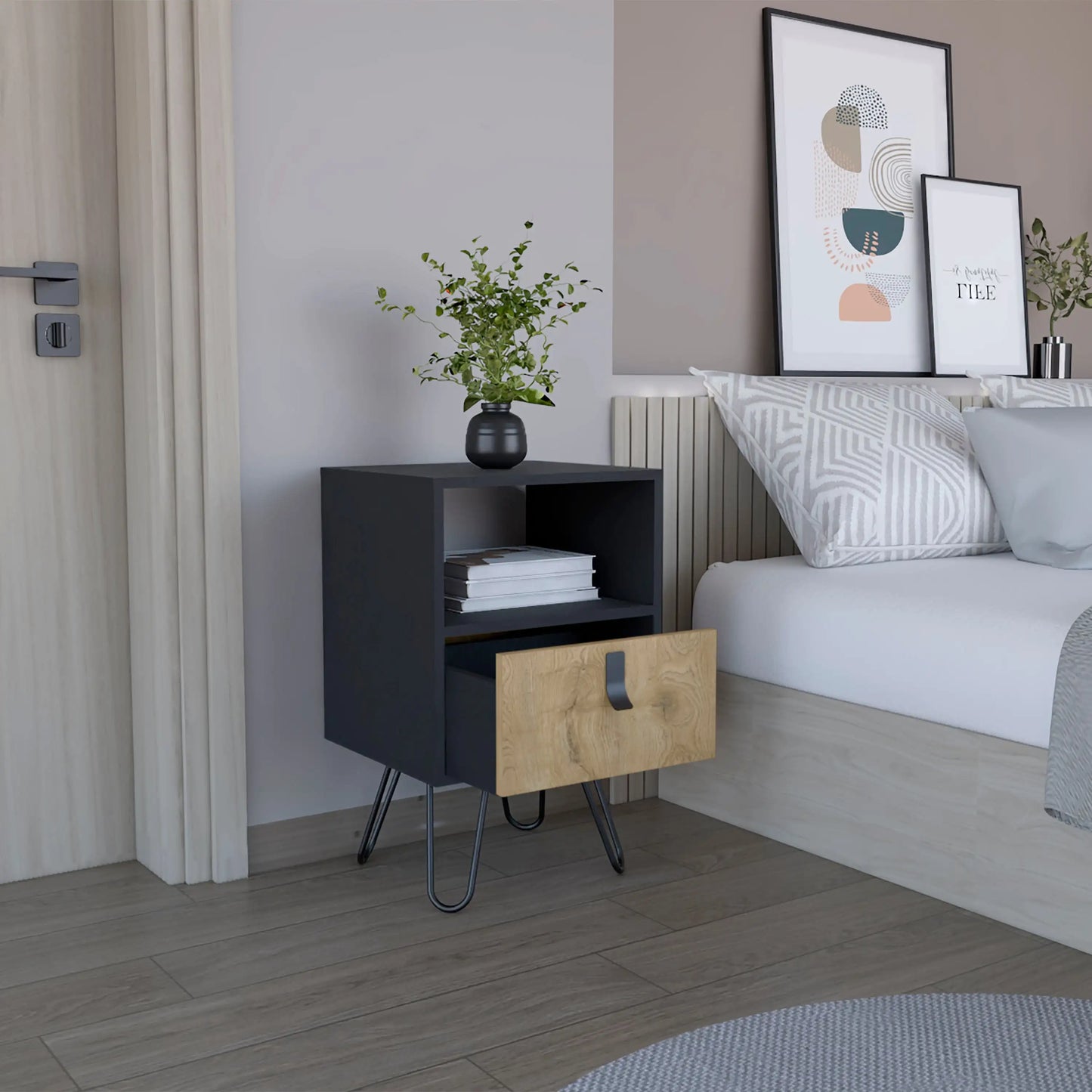 Huna Nightstand, Stylish Storage with Hairpin Leg, Open Shelf and Drawer Black / Macadamia
