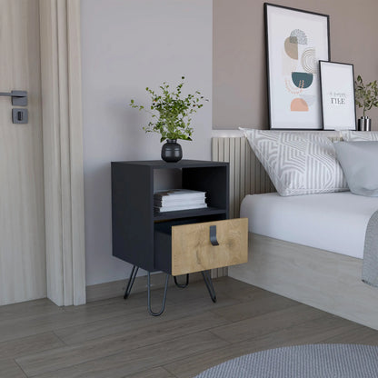 Huna Nightstand, Stylish Storage with Hairpin Leg, Open Shelf and Drawer Black / Macadamia