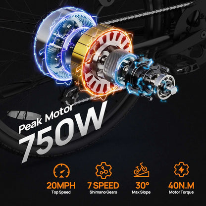 Peak 750W E26 Electric Bike for Adults | 48V 10.4Ah Removable Battery, Top Speed 20MPH, 26''X2" Standard Tire, 7-Speeds