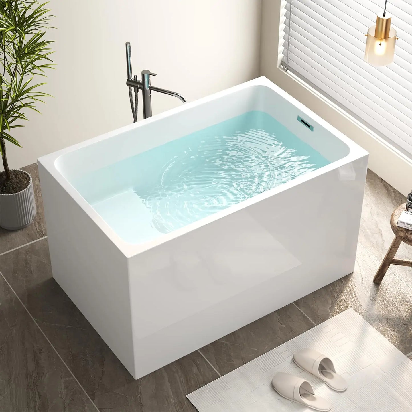 43" Acrylic Freestanding Bathtub, Soaking Tub w/Seat, Chrome Overflow, Gloss White Bathtub