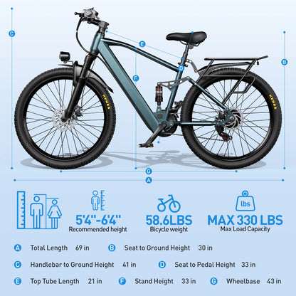 Electric Bicycle, 26" or  24" Electric Mountain Bike with 36V Battery Peak 500W Motor,21 Speed Ebike