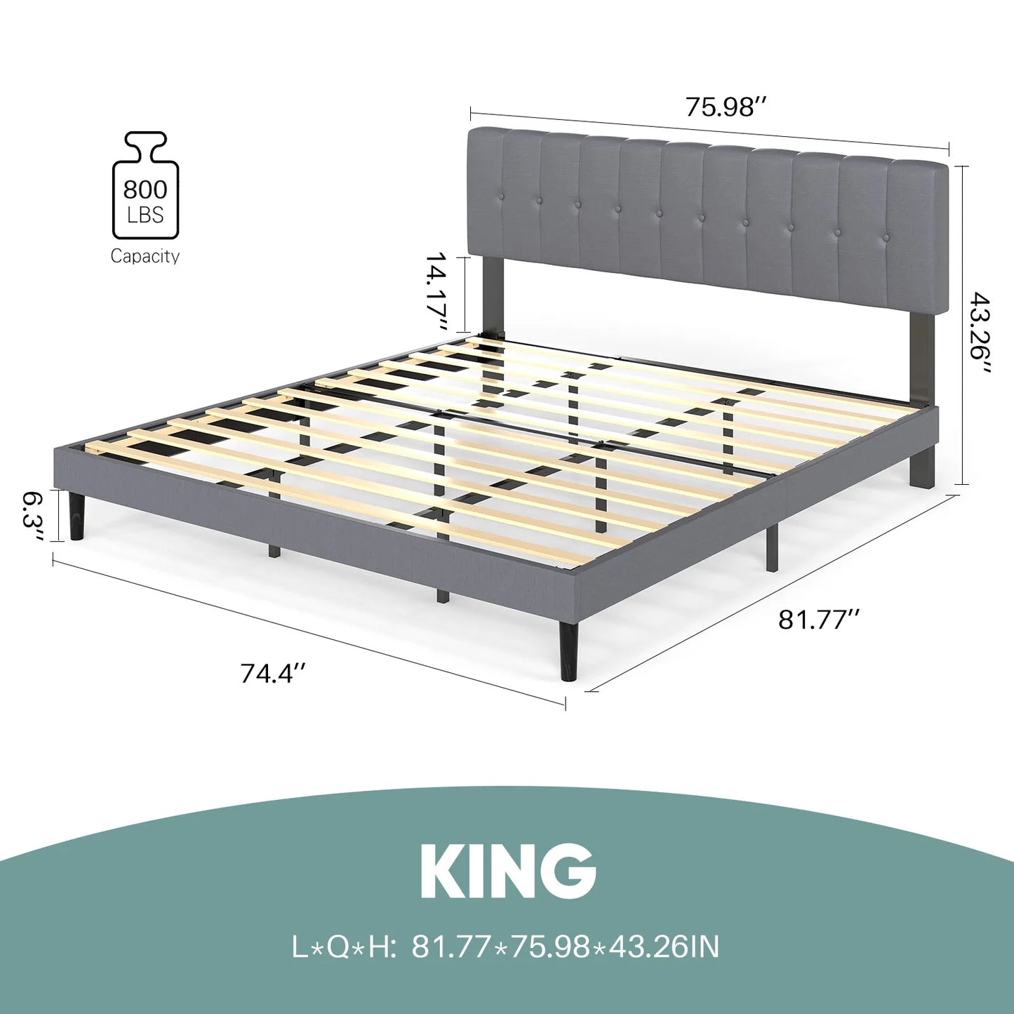 Wooden Solid Bed Frame with Fabric Upholstered 800LBS Sturdy Slats Support