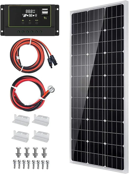 Solar Panel Kit 100 Watt 12 Volt Monocrystalline Off Grid System for Homes RV Boat + 30A 12V/24V Solar Charge Controller