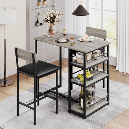 3-Piece Bar Table and Chairs Set with 3 Tier Storage Shelves,  with PU Cushion Bar Chairs