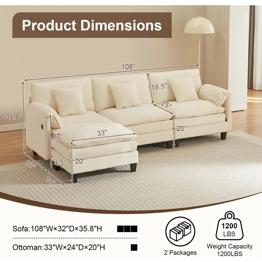 Luxury 108” Modular Sectional Sofa – Comfy Cloud Couch with Movable Ottoman, Charging Station,Side Pockets & Throw Pillows