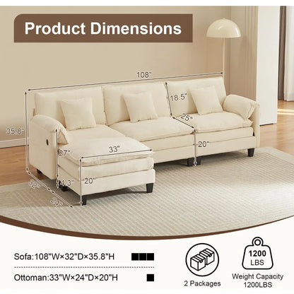 Luxury 108” Modular Sectional Sofa – Comfy Cloud Couch with Movable Ottoman, Charging Station,Side Pockets & Throw Pillows