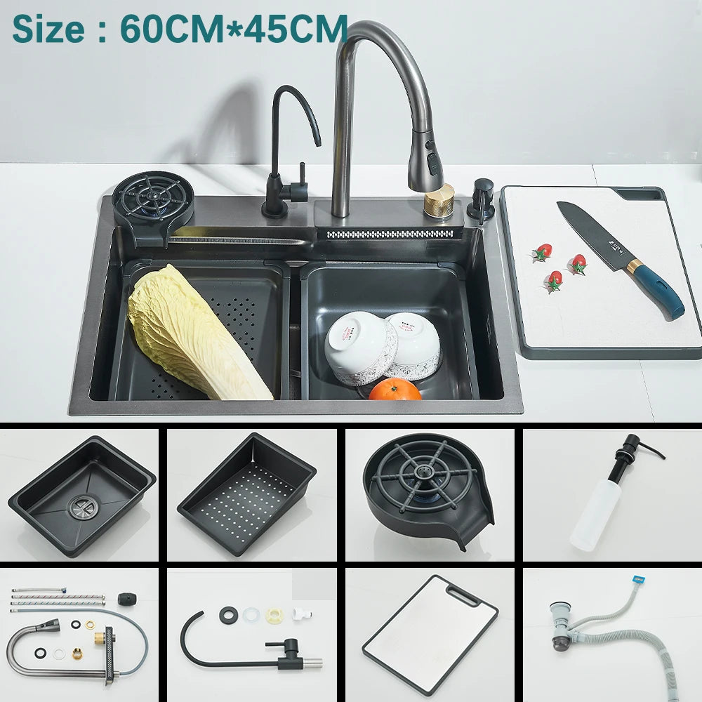Multifunctional Kitchen Waterfall Sink Digital Display; 304 Stainless Steel
