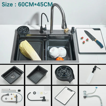 Multifunctional Kitchen Waterfall Sink Digital Display; 304 Stainless Steel