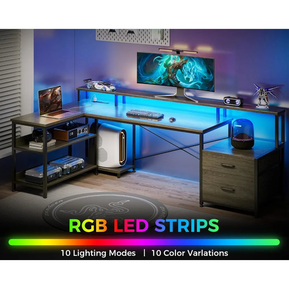 L Shaped Computer Desk with File Drawer, Power Outlet & LED Strip