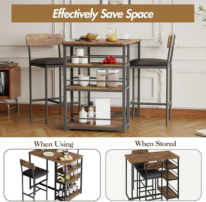 3-Piece Bar Table and Chairs Set with 3 Tier Storage Shelves,  with PU Cushion Bar Chairs
